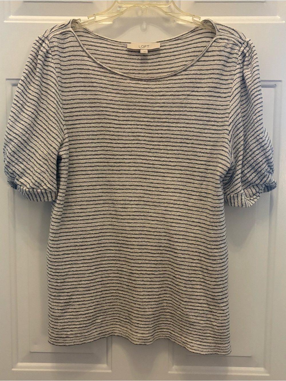 LOFT Gray & White Striped Boxy Boat Neck Blouse Short Gathered Sleeve Terry L